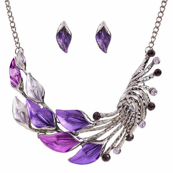 Purple Peacock Necklace with Earrings Set