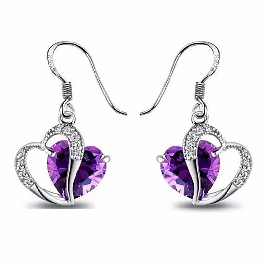Purple Crystal Zircon Heart Drop Earrings