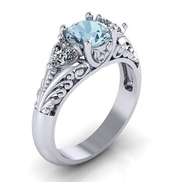 Aquamarine Floral Engagement Promise Solitaire Ring