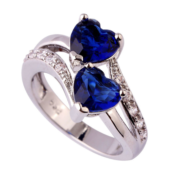 Blue Sapphire Heart Cut Silver Ring