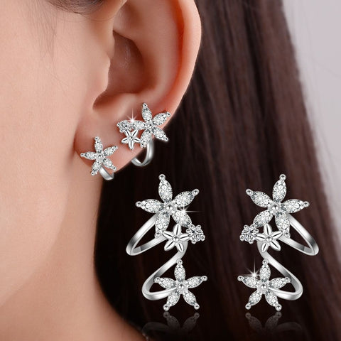 Bone Clips Crystal Flower Cuff Earring
